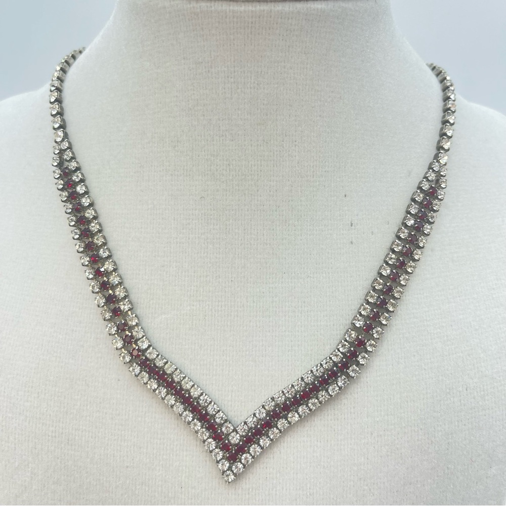 Vintage Red & White Rhinestone Choker Necklace | 1950s Art Deco Costume Jewelry